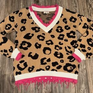 NEW Andree by Unit Varsity Leopard Print Sweater - Tan and Pink Raw Hem Medium